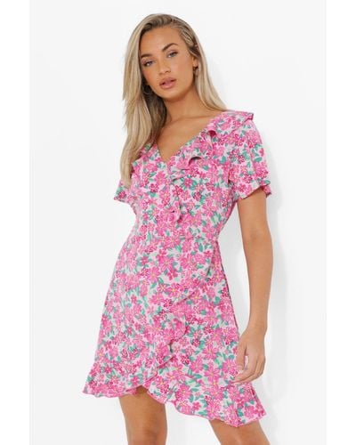 Boohoo Woven Floral Print Ruffle Tea Dress - Pink