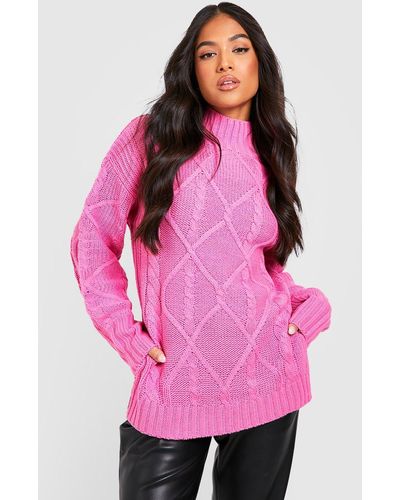 Boohoo Petite Cable Knitted High Neck Split Hem Sweater - Pink