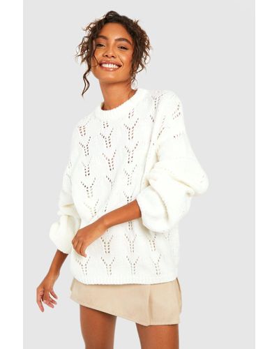 Boohoo Tall Pointelle Fluffy Knitted Sweater - White