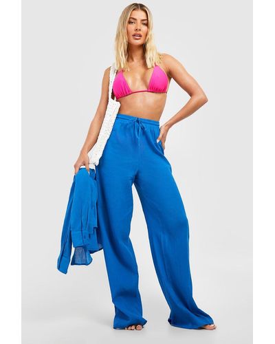 Boohoo Textured Linen Look Tassel Wide Leg Beach Pants - Blue