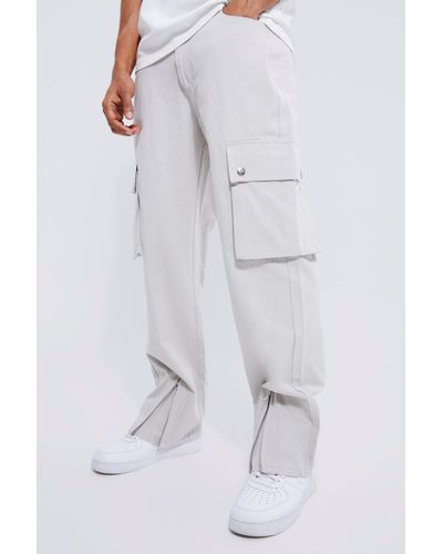 Boohoo Fixed Waist Zip Hem Straight Fit Cargo Pants - White