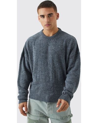 BoohooMAN Boxy Boucle Knit Extended Neck Sweater - Blue