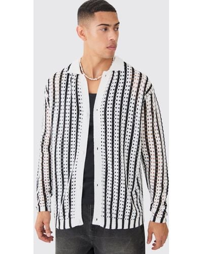Boohoo Oversized Crochet Long Sleeve Stripe Shirt In Ecru - White