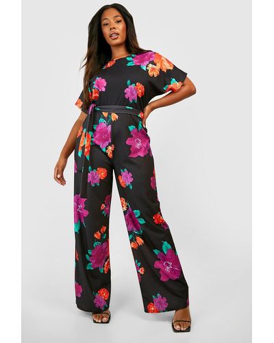 Boohoo Plus Floral Print Belted Wide Leg Jumpsuit - Red