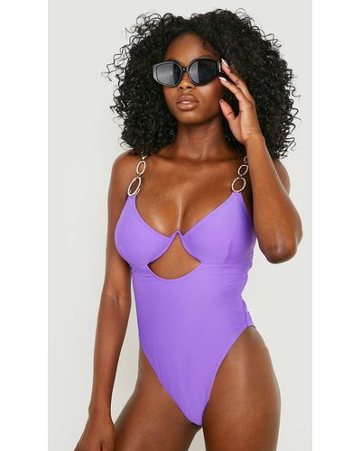 Boohoo Rhinestone Trim Underwired Cut Out Bathing Suit - Purple