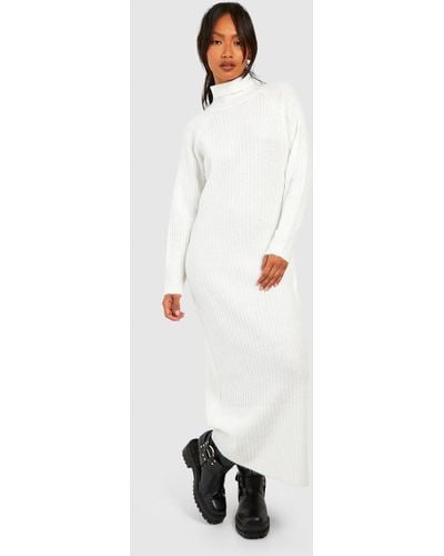 Boohoo Soft Rib Knit Roll Neck Midaxi Sweater Dress - White