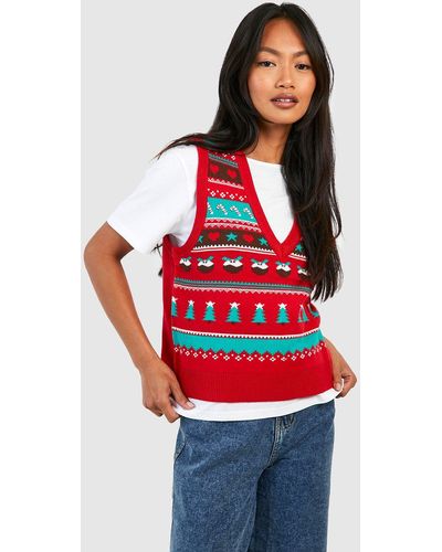 Boohoo Pom Pom Reindeer Fairisle Christmas Sweater - Red