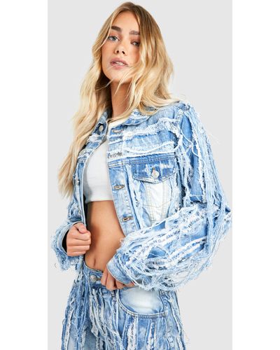 Boohoo Extreme Distressed Washed Crop Jean Jacket - Blue