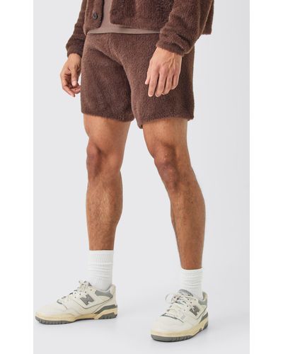 Boohoo Fluffy Relaxed Short In Brown - White
