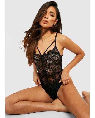 Boohoo Lace Up Crotchless One Piece - Black