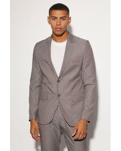 BoohooMAN Slim Single Breasted Checkerboard Suit Jacket - Grey
