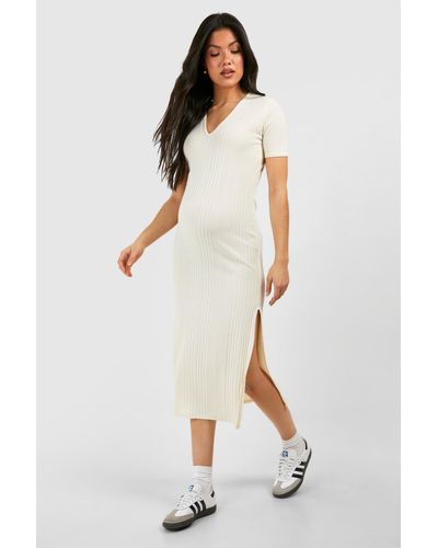 Boohoo Maternity Soft Rib Short Sleeve Midi Dress - White