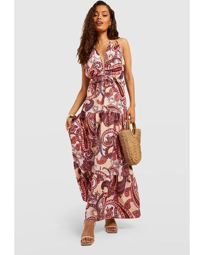 Boohoo Printed Ruffle Strappy Maxi Dreses - Red