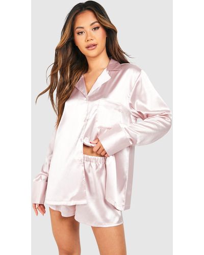 Boohoo Oversized Blush Satin Short Pyjama Set - White