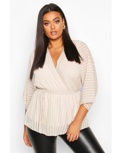 Boohoo Beige Plus Stripe Kimono Sleeve Peplum Wrap Tie Blouse - Natural