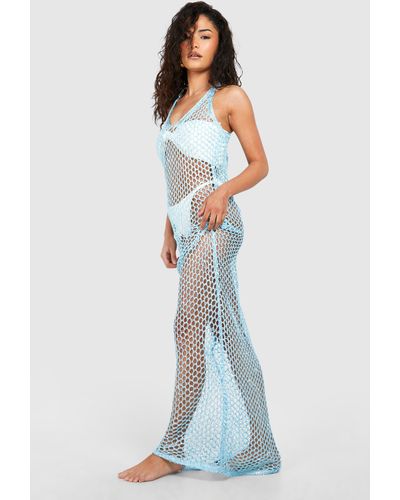 Boohoo Petite Lurex Crochet Maxi Beach Dress - Blue