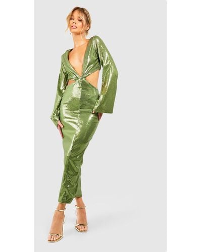Boohoo Sequin Flare Sleeve Cut Out Midaxi Dress - Green