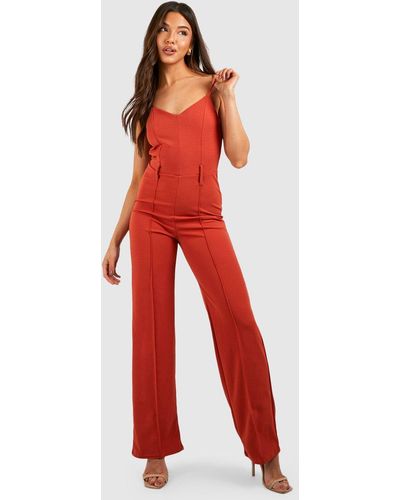 Boohoo Crepe Seam Front Tab Detail Ankle Grazer Jumpsuit - Red
