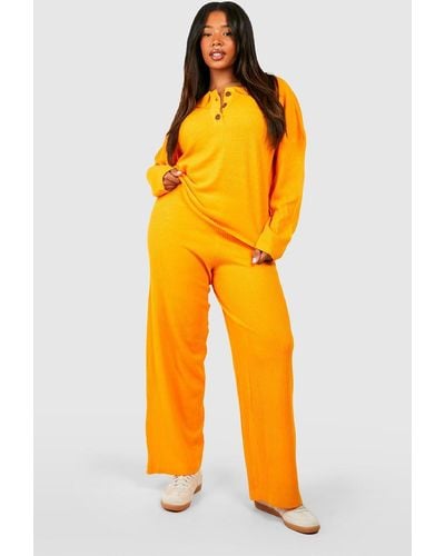 Boohoo Plus Knitted Button Top & Pants Set - Orange