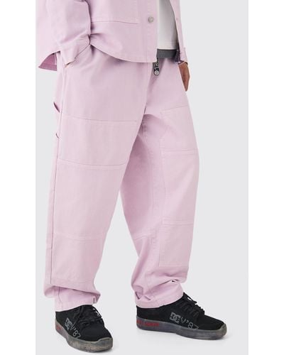 BoohooMAN Elastic Waist Crinkle Denim Carpenter Jeans Overdyed Lilac - Pink
