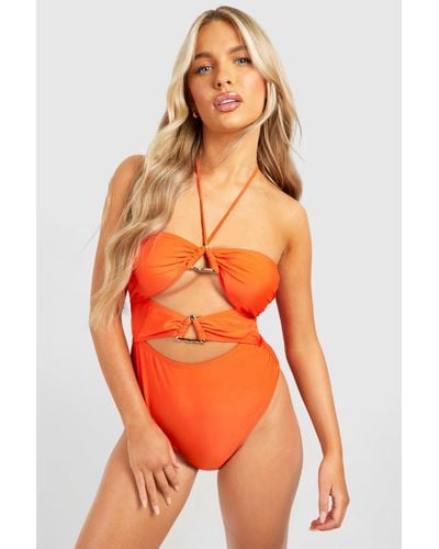 Boohoo Triangle Trim Cut Out Bandeau Bathing Suit - Orange