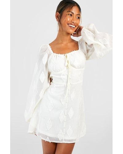 Boohoo Puff Sleeve Textured Smock Dress - White