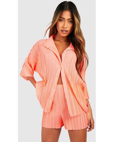 Boohoo Neon Plisse Relaxed Fit Shirt - Orange