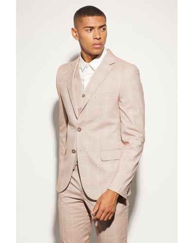 BoohooMAN Skinny Single Breasted Check Suit Jacket - Natural