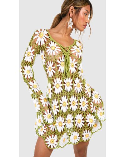 Boohoo Vestido Mini De Croché Premium Con Flores - Amarillo