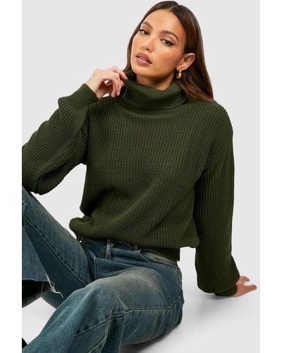 Boohoo Tall Basic Roll Neck Crop Sweater - Green