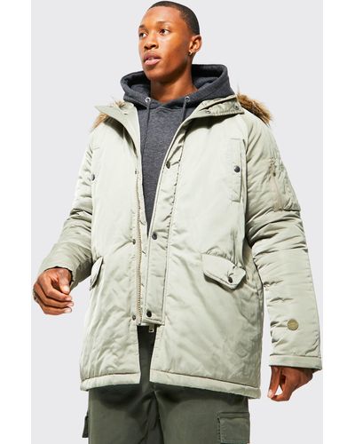 BoohooMAN Satin Rouched Parka With Faux Fur Trim Hood - Natural