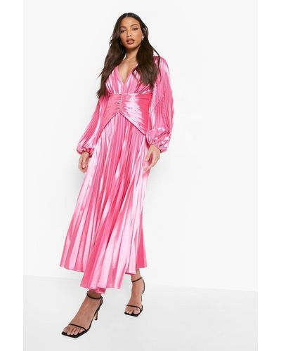 Boohoo Tall Satin Pleated Midi Occasion Dress - Pink
