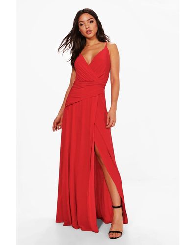 Boohoo Slinky Wrap Ruched Strappy Maxi Bridesmaid Dress - Red
