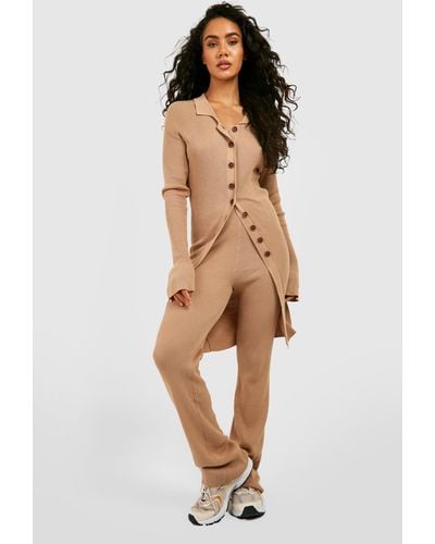 Boohoo Long Cardigan And Wide Leg Knitted Set - Natural