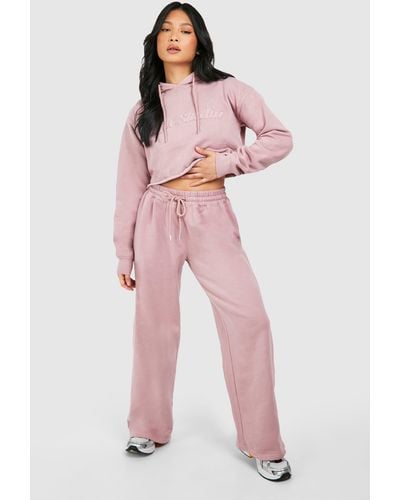 Boohoo Petite Dsgn Cropped Hoodie Wide Leg Washed Tracksuit - Pink