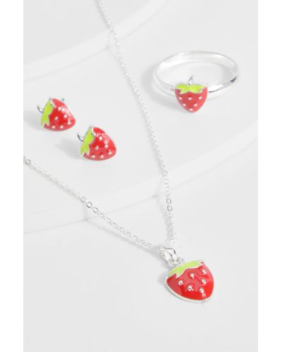 Boohoo Strawberry Earring, Necklace & Ring Multipack - Red