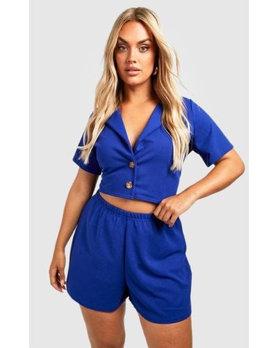 Boohoo Plus Cropped Blazer And Short Co-ord Set - Blue