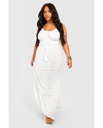Boohoo Plus Crinkle Tassel Detail Beach Maxi Dress - White
