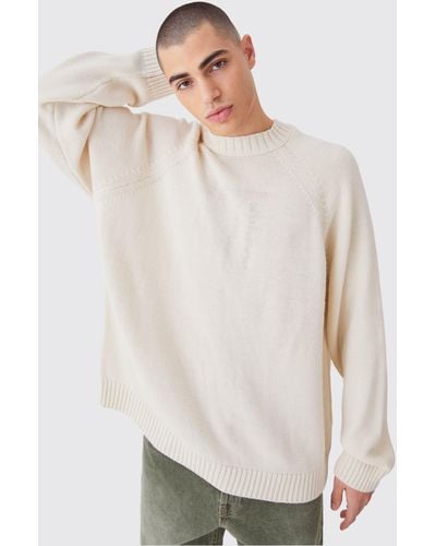 BoohooMAN Oversized Raglan Knitted Woven Label Sweater - White
