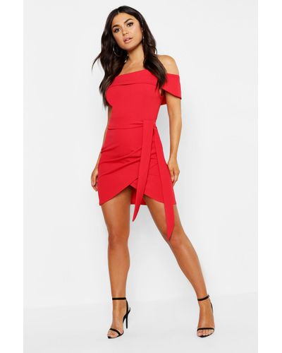 Boohoo Off The Shoulder Wrap Detail Bodycon Dress - Red