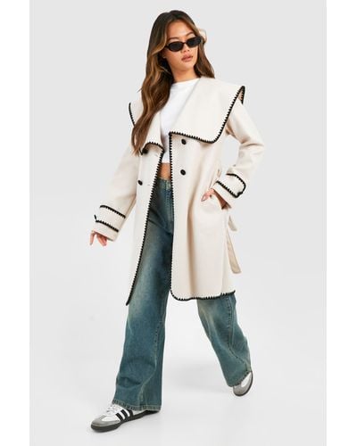 Boohoo Blanket Stitch Belted Wool Look Coat - Natural