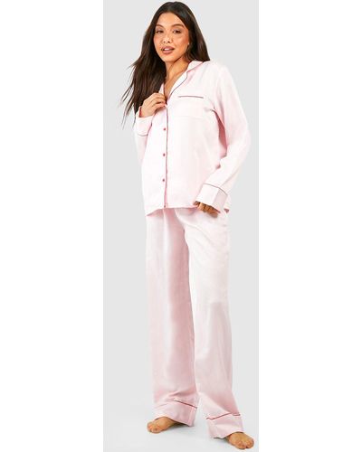 Boohoo Contrast Pipe Button Front Pajama Set - Pink