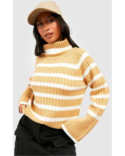 Boohoo Petite Roll Neck Wide Sleeve Stripe Sweater - Natural
