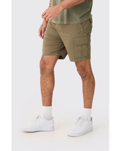 Boohoo Elasticated Waist Khaki Slim Fit Cargo Shorts - Natural