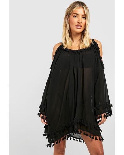 Boohoo Chiffon Tassel Beach Dress - Black