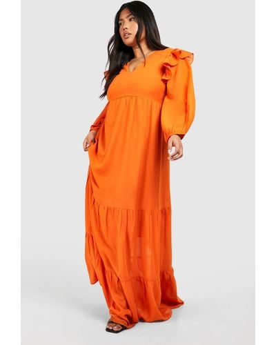 Boohoo Plus Chiffon Volume Sleeve Smock Dress - Orange