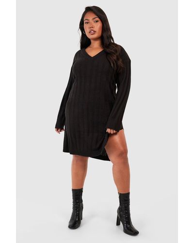 Boohoo Plus V Neck Slouchy Sweater Dress - Black