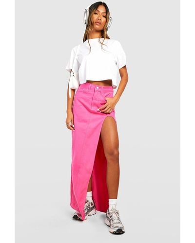 Boohoo Pink Thigh Split Denim Maxi Skirt