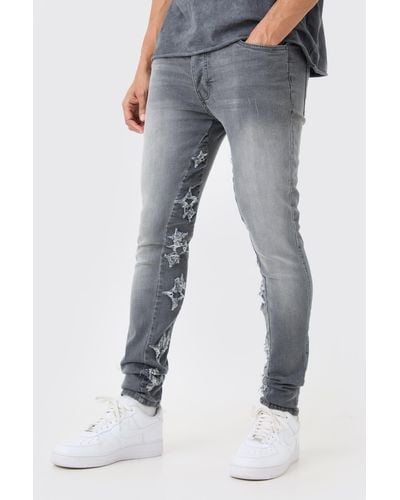 BoohooMAN Skinny Stretch Overdyed Applique Gusset Jeans In Grey - Blau
