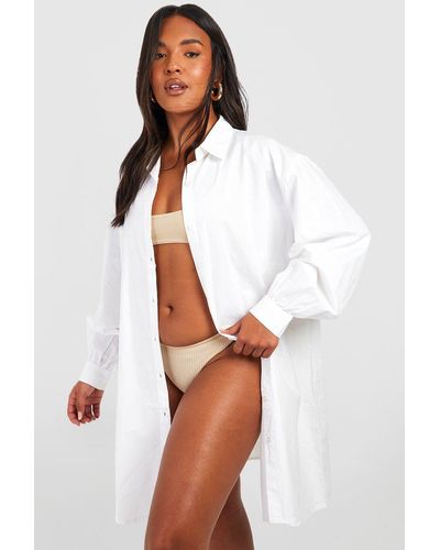 Boohoo Plus Longline Cotton Beach Shirt - White